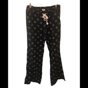 Roxy Black Printed Snowflake Lounge Pant Sz L Relaxed Flare Hem Drawstring Waist